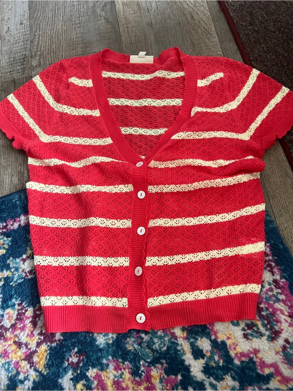 ModCloth Women’s Red and Cream Striped Knit Button-Up Sweater